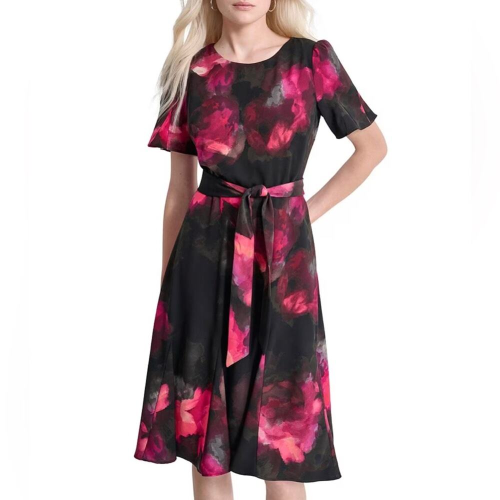 Donna Karan DKNY Printed Woven Crew Neck Short Godet Sleeve A-Line Dress Size 10